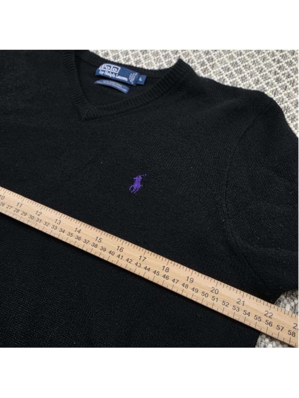 Polo Ralph Lauren Lambswool V Neck Sweater Mens Large Black Purple Pony